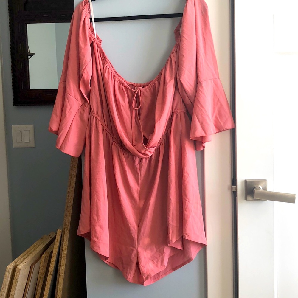 Pink plus size romper off the shoulder